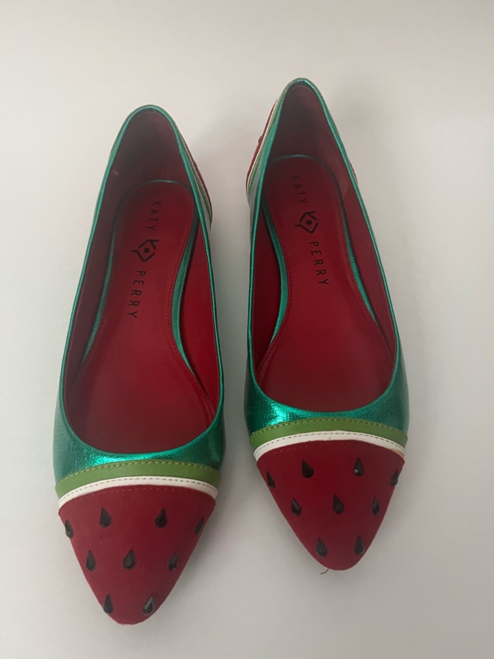 Katy Perry Collections Metallic Green and Red Watermelon-Print Pointed Flats